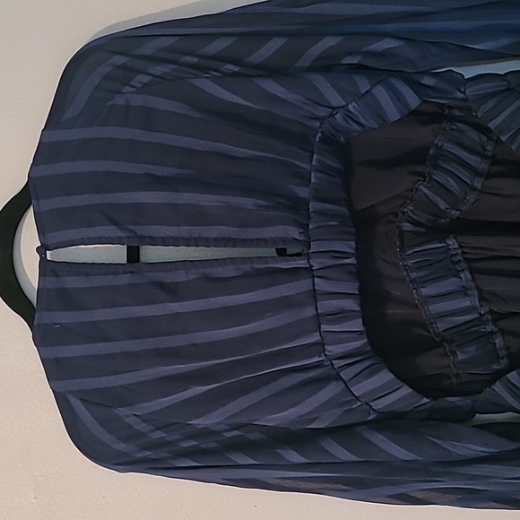 ASOS Curve Maternity Sz 12 Navy Satin Chiffon Sheer Striped Ruffles Midi Dress - Picture 8 of 16